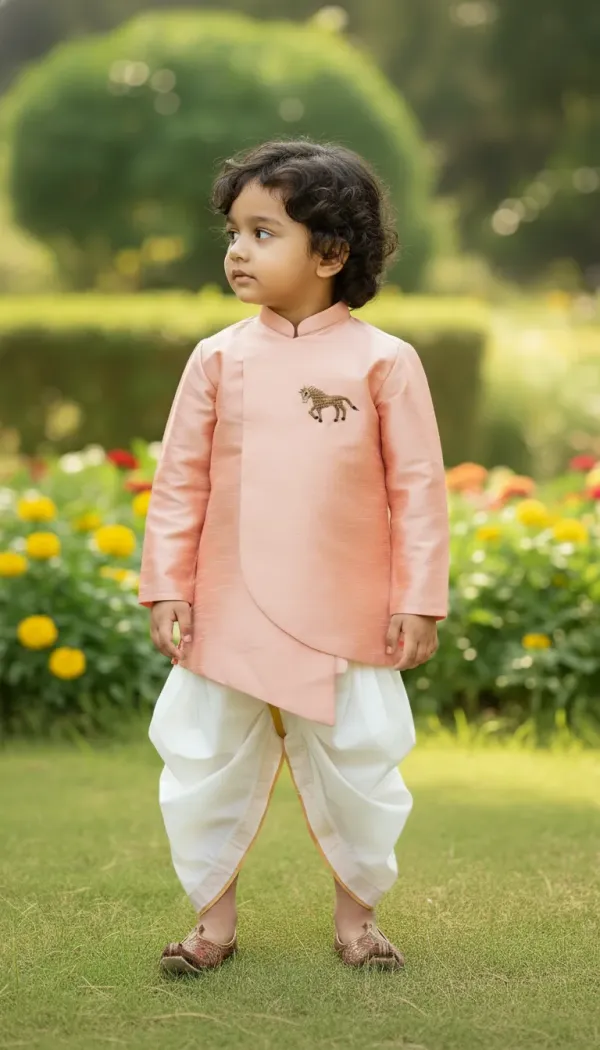 Peach_Premiumsilk_&_Art_Silk_&_Cotton_Silk_Horse_Mottif_Overlap_Kurta_With_Dhoti_For_Kids