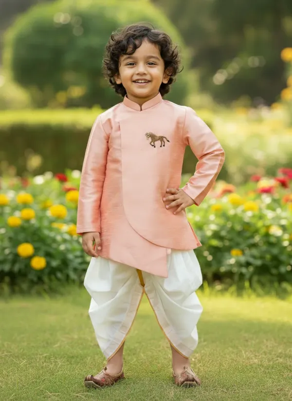 Peach_Premiumsilk_&_Art_Silk_&_Cotton_Silk_Horse_Mottif_Overlap_Kurta_With_Dhoti_For_Kids