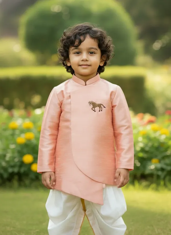 Peach_Premiumsilk_&_Art_Silk_&_Cotton_Silk_Horse_Mottif_Overlap_Kurta_With_Dhoti_For_Kids