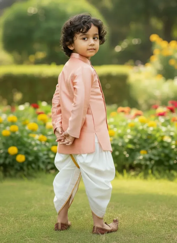 Peach_Premiumsilk_&_Art_Silk_&_Cotton_Silk_Horse_Mottif_Overlap_Kurta_With_Dhoti_For_Kids