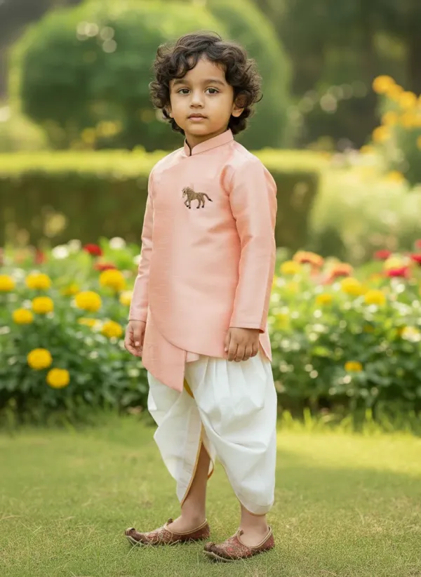 Peach_Premiumsilk_&_Art_Silk_&_Cotton_Silk_Horse_Mottif_Overlap_Kurta_With_Dhoti_For_Kids