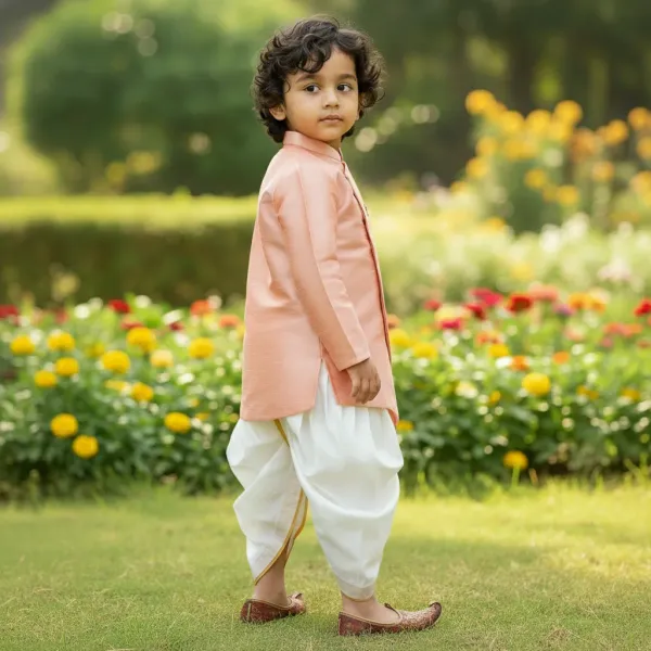 Peach_Premiumsilk_&_Art_Silk_&_Cotton_Silk_Horse_Mottif_Overlap_Kurta_With_Dhoti_For_Kids