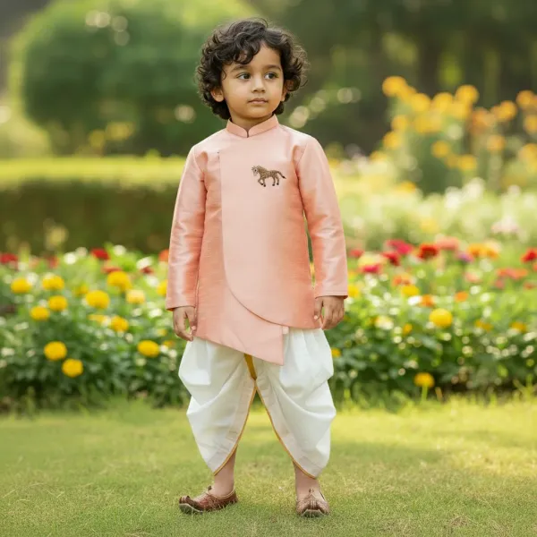 Peach_Premiumsilk_&_Art_Silk_&_Cotton_Silk_Horse_Mottif_Overlap_Kurta_With_Dhoti_For_Kids