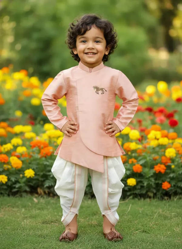 Peach_Premiumsilk_&_Art_Silk_&_Cotton_Silk_Horse_Mottif_Overlap_Kurta_With_Dhoti_For_Kids