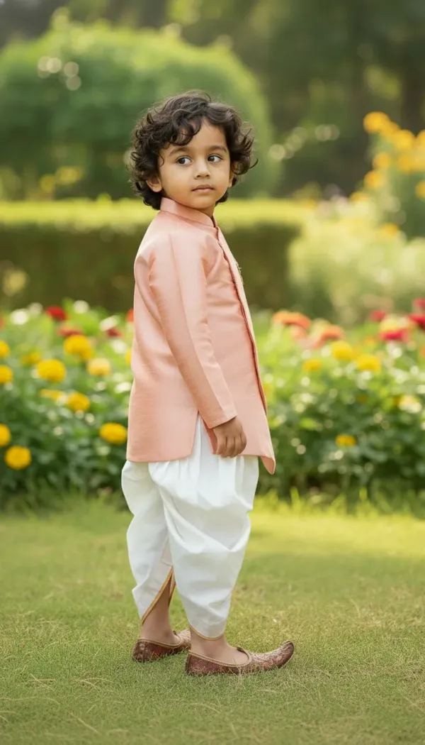 Peach_Premiumsilk_&_Art_Silk_&_Cotton_Silk_Horse_Mottif_Overlap_Kurta_With_Dhoti_For_Kids