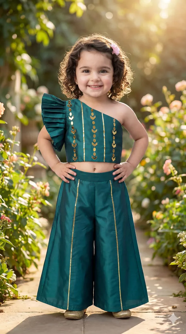 Teal_Green_Premiumpremium_Soft_Silk_&_Cotton_Lining_One-Shoulder_Mirror_Embroidered_Crop_Top_With_Gold_Foil_Detailing_&_Palazzo_Set_For_Kids