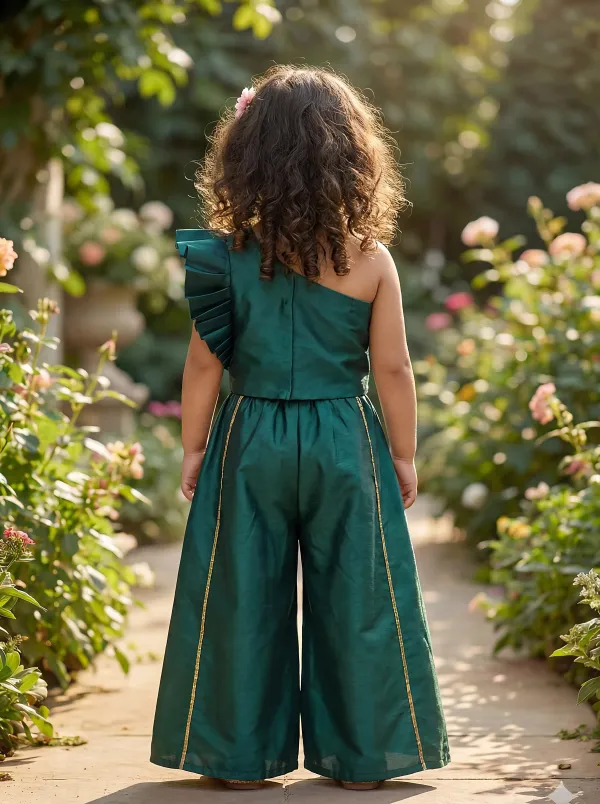 Teal_Green_Premiumpremium_Soft_Silk_&_Cotton_Lining_One-Shoulder_Mirror_Embroidered_Crop_Top_With_Gold_Foil_Detailing_&_Palazzo_Set_For_Kids