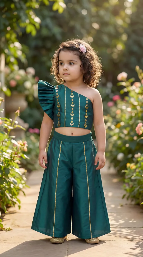 Teal_Green_Premiumpremium_Soft_Silk_&_Cotton_Lining_One-Shoulder_Mirror_Embroidered_Crop_Top_With_Gold_Foil_Detailing_&_Palazzo_Set_For_Kids