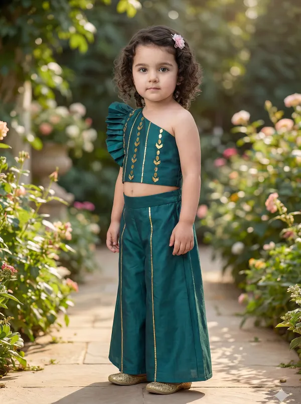 Teal_Green_Premiumpremium_Soft_Silk_&_Cotton_Lining_One-Shoulder_Mirror_Embroidered_Crop_Top_With_Gold_Foil_Detailing_&_Palazzo_Set_For_Kids