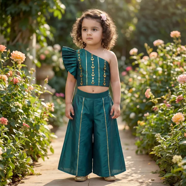 Teal_Green_Premiumpremium_Soft_Silk_&_Cotton_Lining_One-Shoulder_Mirror_Embroidered_Crop_Top_With_Gold_Foil_Detailing_&_Palazzo_Set_For_Kids