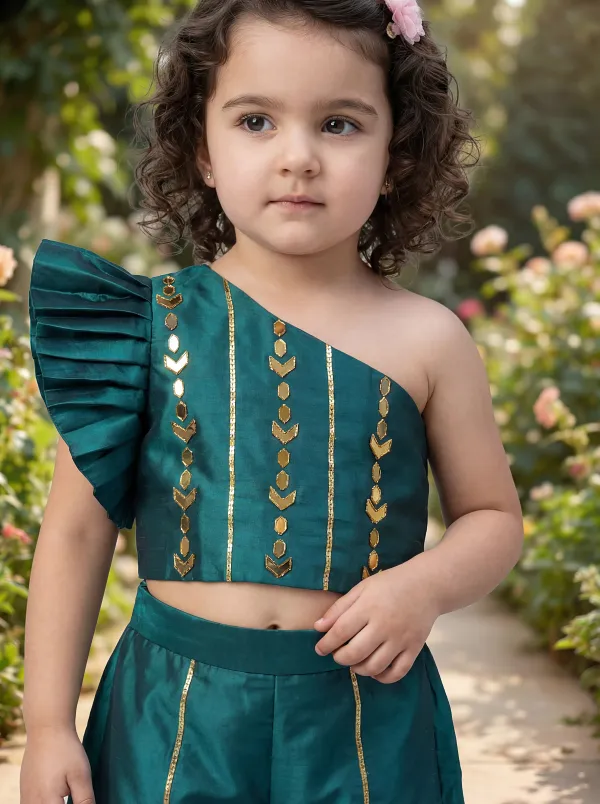 Teal_Green_Premiumpremium_Soft_Silk_&_Cotton_Lining_One-Shoulder_Mirror_Embroidered_Crop_Top_With_Gold_Foil_Detailing_&_Palazzo_Set_For_Kids