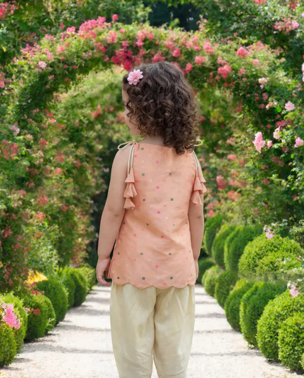 Peach_Premium_Premium_Silk_&_Cotton_Silk_Girls_Top_And_Dhoti_Pant_Set_For_Girls