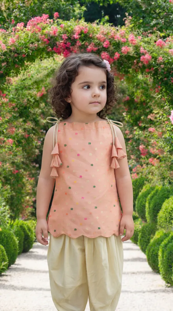 Peach_Premium_Premium_Silk_&_Cotton_Silk_Girls_Top_And_Dhoti_Pant_Set_For_Girls
