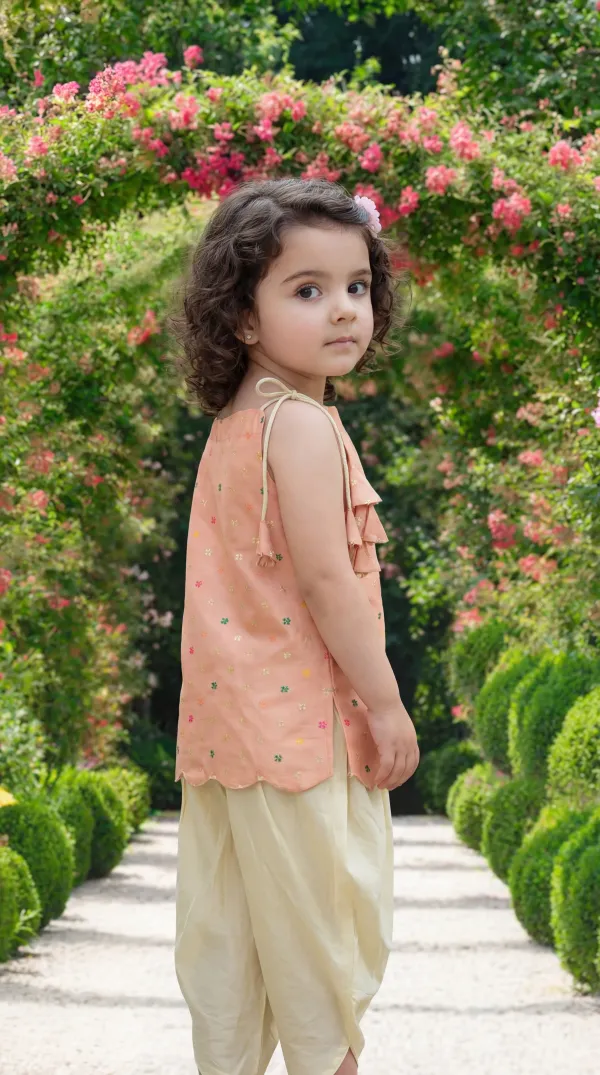 Peach_Premium_Premium_Silk_&_Cotton_Silk_Girls_Top_And_Dhoti_Pant_Set_For_Girls