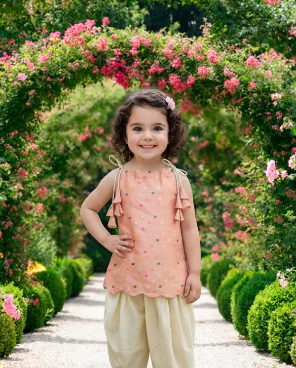 Peach_Premium_Premium_Silk_&_Cotton_Silk_Girls_Top_And_Dhoti_Pant_Set_For_Girls