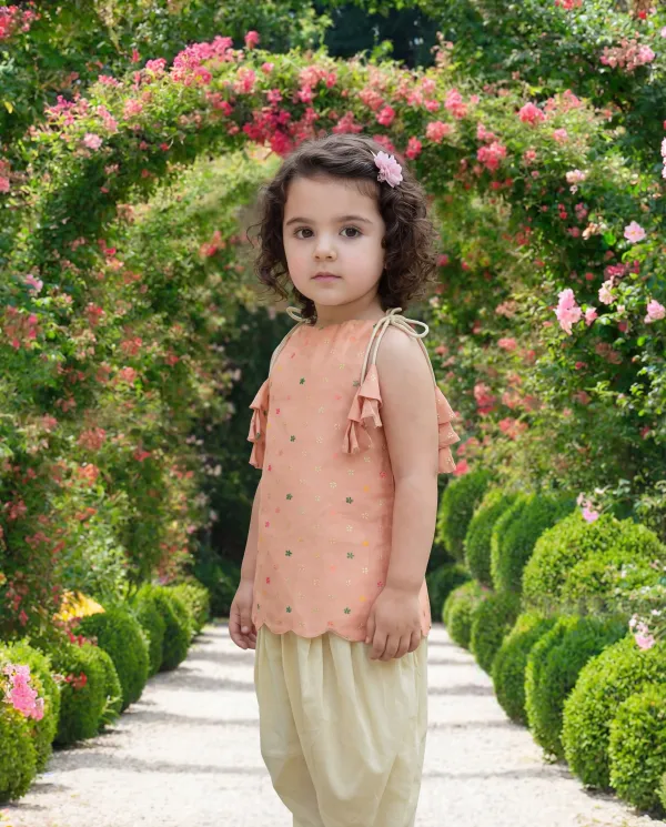 Peach_Premium_Premium_Silk_&_Cotton_Silk_Girls_Top_And_Dhoti_Pant_Set_For_Girls
