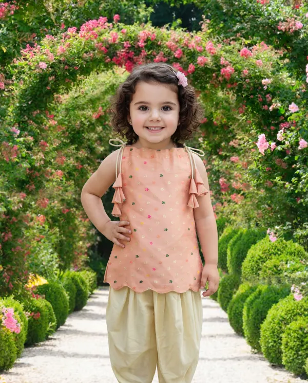 Peach_Premium_Premium_Silk_&_Cotton_Silk_Girls_Top_And_Dhoti_Pant_Set_For_Girls