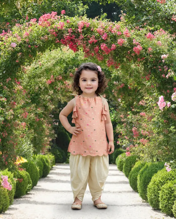 Peach_Premium_Premium_Silk_&_Cotton_Silk_Girls_Top_And_Dhoti_Pant_Set_For_Girls