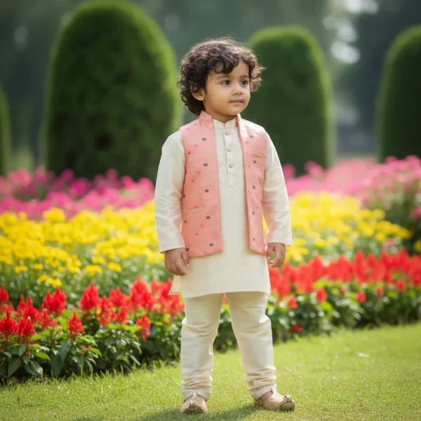 Pink_&_Gold_Premiumbanarasi_Silk_&_Art_Silk_Nehru_Jacket_&_Kurta_Pajama_For_Kids