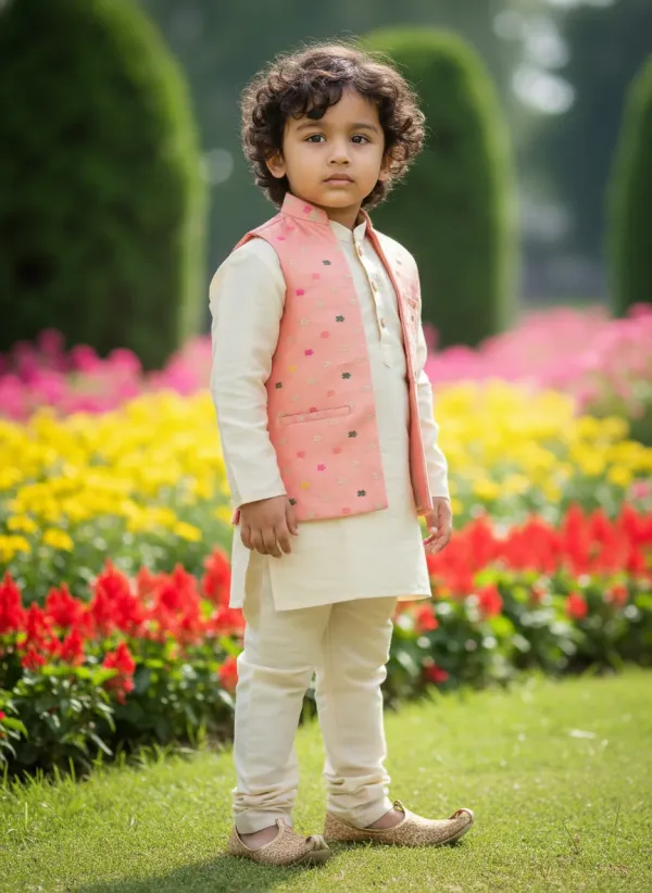 Pink_&_Gold_Premiumbanarasi_Silk_&_Art_Silk_Nehru_Jacket_&_Kurta_Pajama_For_Kids