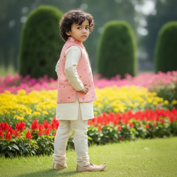 Pink_&_Gold_Premiumbanarasi_Silk_&_Art_Silk_Nehru_Jacket_&_Kurta_Pajama_For_Kids