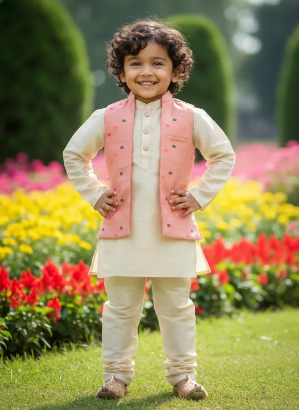 Pink_&_Gold_Premiumbanarasi_Silk_&_Art_Silk_Nehru_Jacket_&_Kurta_Pajama_For_Kids