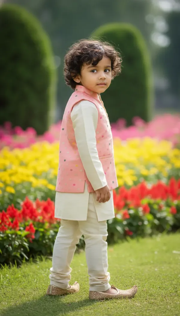Pink_&_Gold_Premiumbanarasi_Silk_&_Art_Silk_Nehru_Jacket_&_Kurta_Pajama_For_Kids