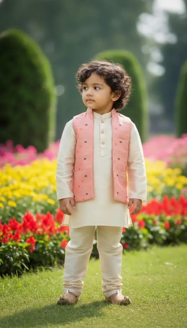 Pink_&_Gold_Premiumbanarasi_Silk_&_Art_Silk_Nehru_Jacket_&_Kurta_Pajama_For_Kids