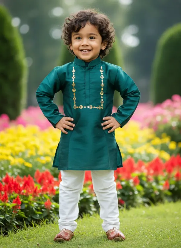 Bottle_Green_&_White_Premiumsilk_&_Art_Silk_&_Cotton_Silk_Mirror_Embroidery_Kurta_And_Churidar_For_Kids