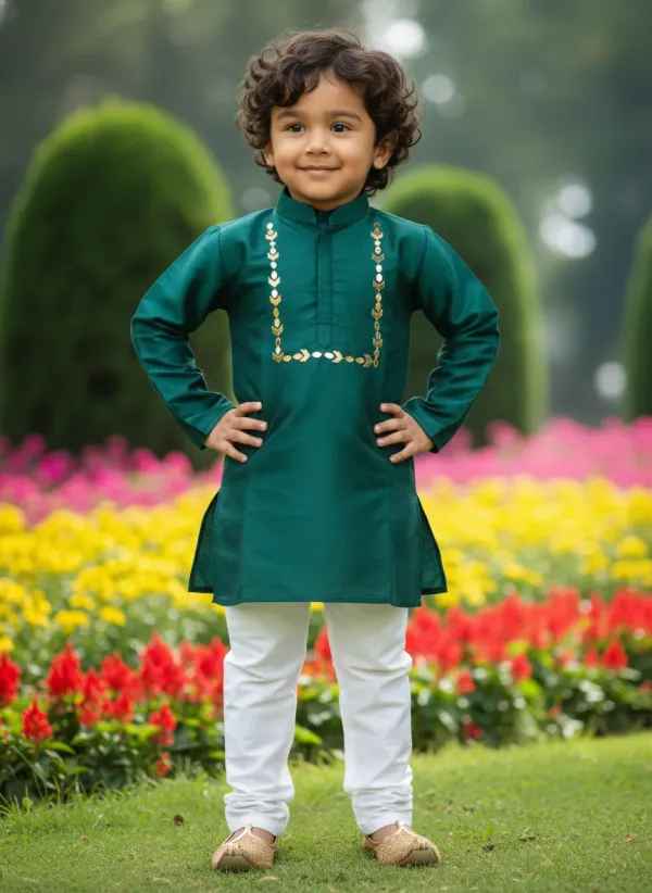 Bottle_Green_&_White_Premiumsilk_&_Art_Silk_&_Cotton_Silk_Mirror_Embroidery_Kurta_And_Churidar_For_Kids