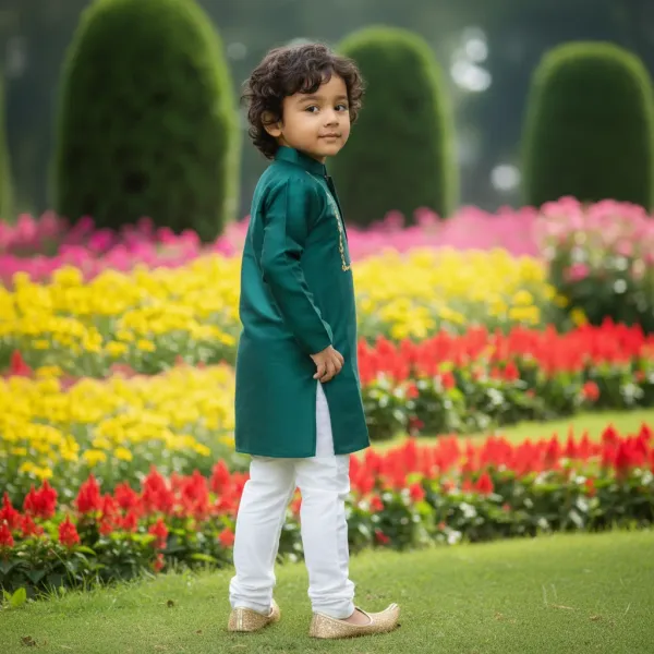Bottle_Green_&_White_Premiumsilk_&_Art_Silk_&_Cotton_Silk_Mirror_Embroidery_Kurta_And_Churidar_For_Kids