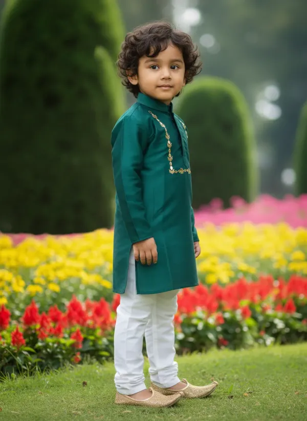 Bottle_Green_&_White_Premiumsilk_&_Art_Silk_&_Cotton_Silk_Mirror_Embroidery_Kurta_And_Churidar_For_Kids