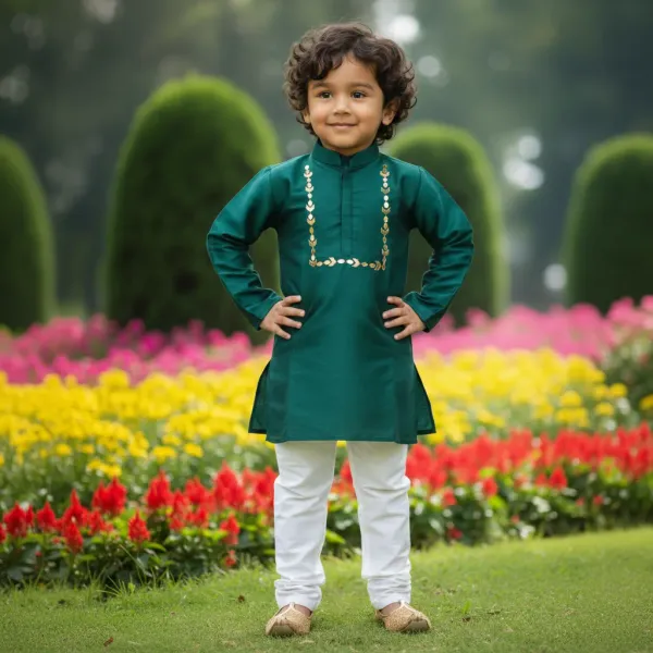 Bottle_Green_&_White_Premiumsilk_&_Art_Silk_&_Cotton_Silk_Mirror_Embroidery_Kurta_And_Churidar_For_Kids
