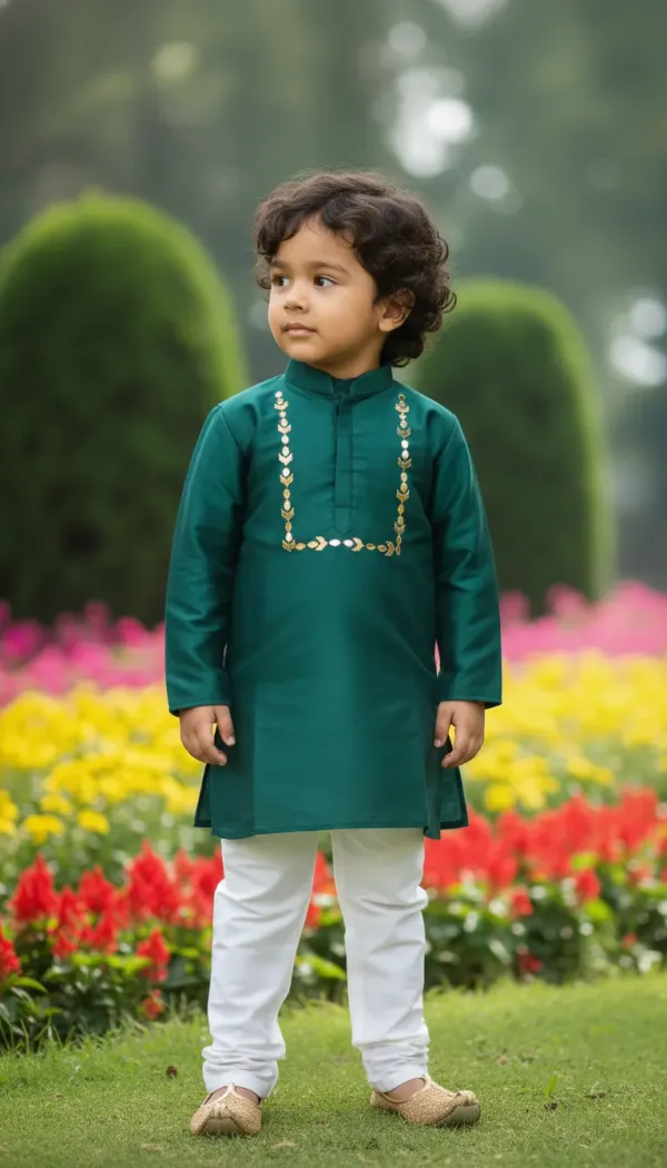 Bottle_Green_&_White_Premiumsilk_&_Art_Silk_&_Cotton_Silk_Mirror_Embroidery_Kurta_And_Churidar_For_Kids