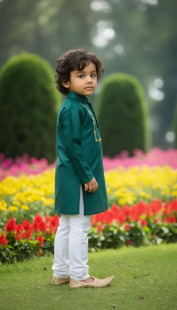 Bottle_Green_&_White_Premiumsilk_&_Art_Silk_&_Cotton_Silk_Mirror_Embroidery_Kurta_And_Churidar_For_Kids