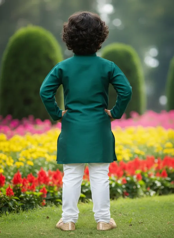 Bottle_Green_&_White_Premiumsilk_&_Art_Silk_&_Cotton_Silk_Mirror_Embroidery_Kurta_And_Churidar_For_Kids
