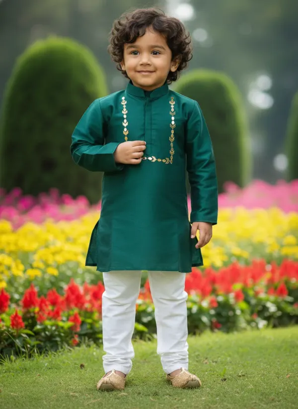 Bottle_Green_&_White_Premiumsilk_&_Art_Silk_&_Cotton_Silk_Mirror_Embroidery_Kurta_And_Churidar_For_Kids
