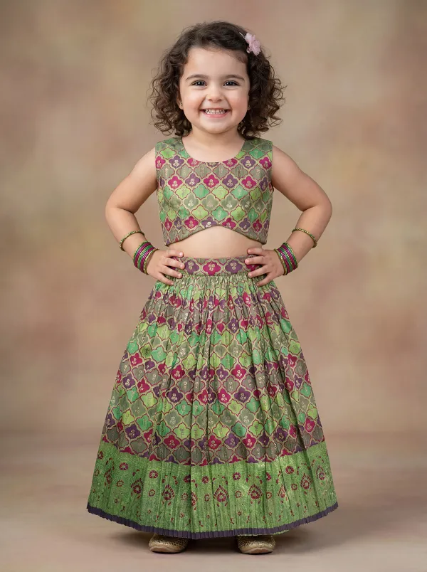 Green_&_Magenta_&_Gold_Premiumbrocade_&_Butter_Crepe_Lining_Leaf_Base_Magenta_Woven_Motif_Top_&_Flared_Lehenga_For_Kids