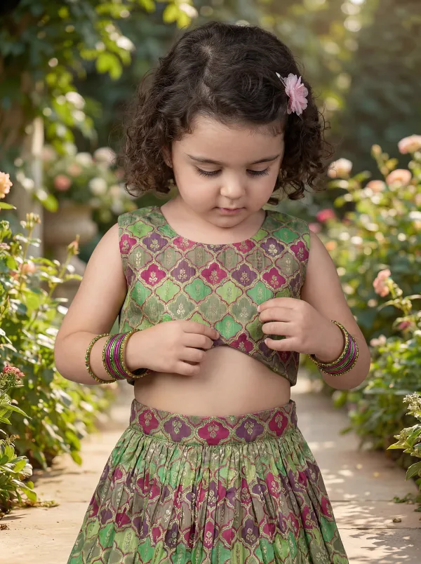 Green_&_Magenta_&_Gold_Premiumbrocade_&_Butter_Crepe_Lining_Leaf_Base_Magenta_Woven_Motif_Top_&_Flared_Lehenga_For_Kids