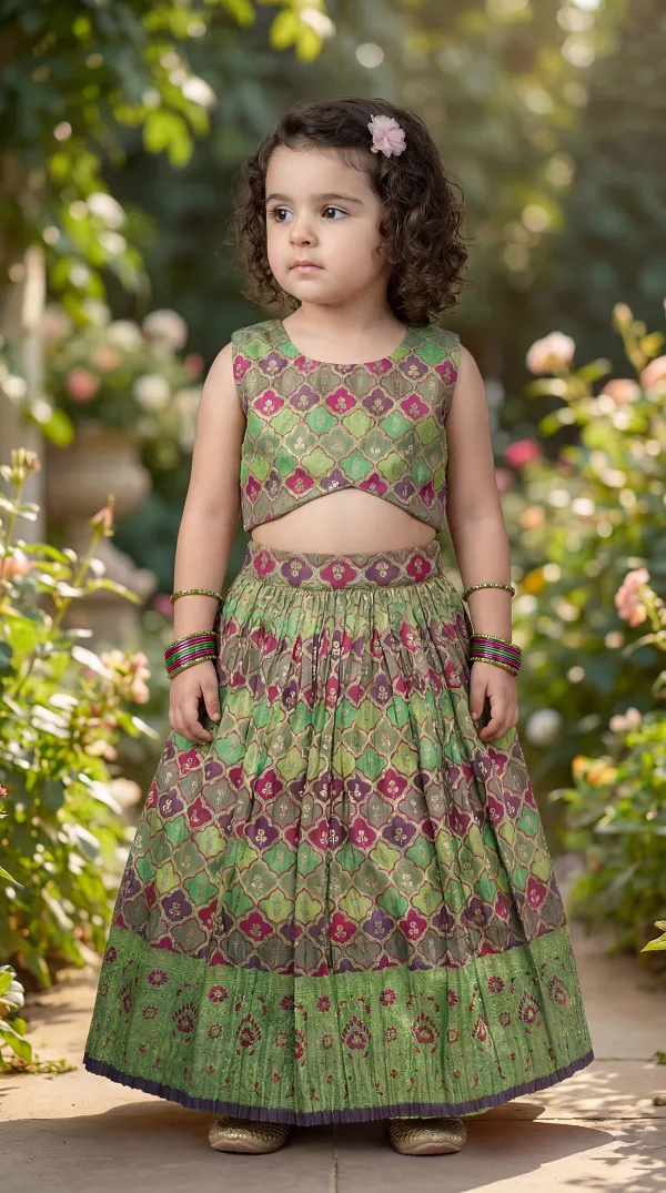 Green_&_Magenta_&_Gold_Premiumbrocade_&_Butter_Crepe_Lining_Leaf_Base_Magenta_Woven_Motif_Top_&_Flared_Lehenga_For_Kids