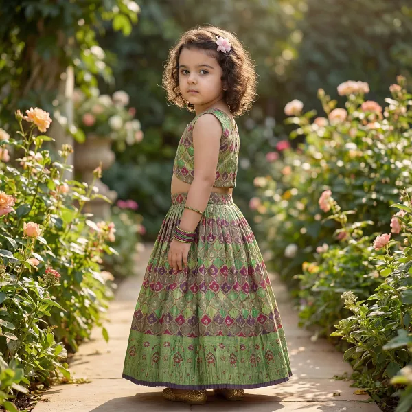 Green_&_Magenta_&_Gold_Premiumbrocade_&_Butter_Crepe_Lining_Leaf_Base_Magenta_Woven_Motif_Top_&_Flared_Lehenga_For_Kids