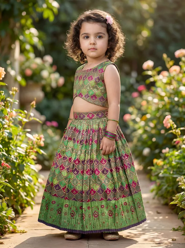 Green_&_Magenta_&_Gold_Premiumbrocade_&_Butter_Crepe_Lining_Leaf_Base_Magenta_Woven_Motif_Top_&_Flared_Lehenga_For_Kids