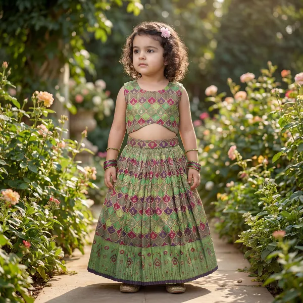 Green_&_Magenta_&_Gold_Premiumbrocade_&_Butter_Crepe_Lining_Leaf_Base_Magenta_Woven_Motif_Top_&_Flared_Lehenga_For_Kids