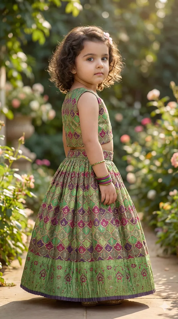 Green_&_Magenta_&_Gold_Premiumbrocade_&_Butter_Crepe_Lining_Leaf_Base_Magenta_Woven_Motif_Top_&_Flared_Lehenga_For_Kids