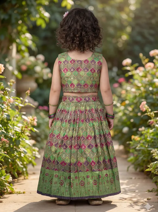 Green_&_Magenta_&_Gold_Premiumbrocade_&_Butter_Crepe_Lining_Leaf_Base_Magenta_Woven_Motif_Top_&_Flared_Lehenga_For_Kids