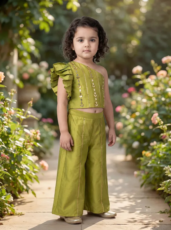 Olive_Green_Premiumpremium_Soft_Silk_&_Cotton_Lining_One-Shoulder_Mirror_Embroidered_Crop_Top_With_Gold_Foil_Detailing_&_Palazzo_Set_For_Kids