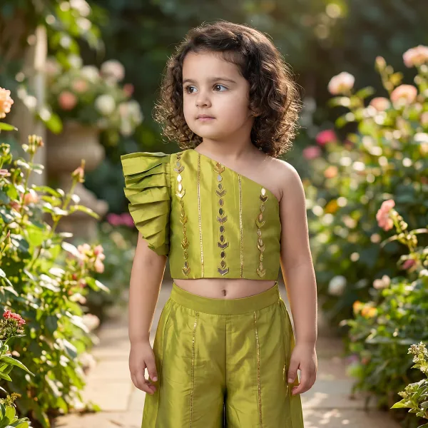 Olive_Green_Premiumpremium_Soft_Silk_&_Cotton_Lining_One-Shoulder_Mirror_Embroidered_Crop_Top_With_Gold_Foil_Detailing_&_Palazzo_Set_For_Kids