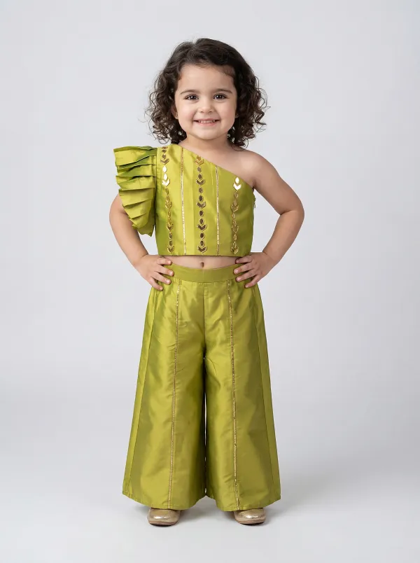 Olive_Green_Premiumpremium_Soft_Silk_&_Cotton_Lining_One-Shoulder_Mirror_Embroidered_Crop_Top_With_Gold_Foil_Detailing_&_Palazzo_Set_For_Kids