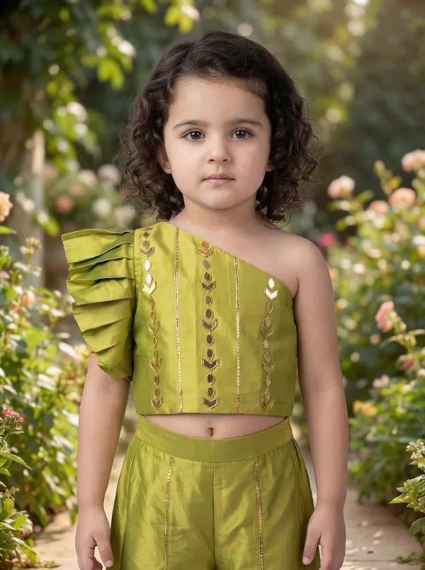 Olive_Green_Premiumpremium_Soft_Silk_&_Cotton_Lining_One-Shoulder_Mirror_Embroidered_Crop_Top_With_Gold_Foil_Detailing_&_Palazzo_Set_For_Kids