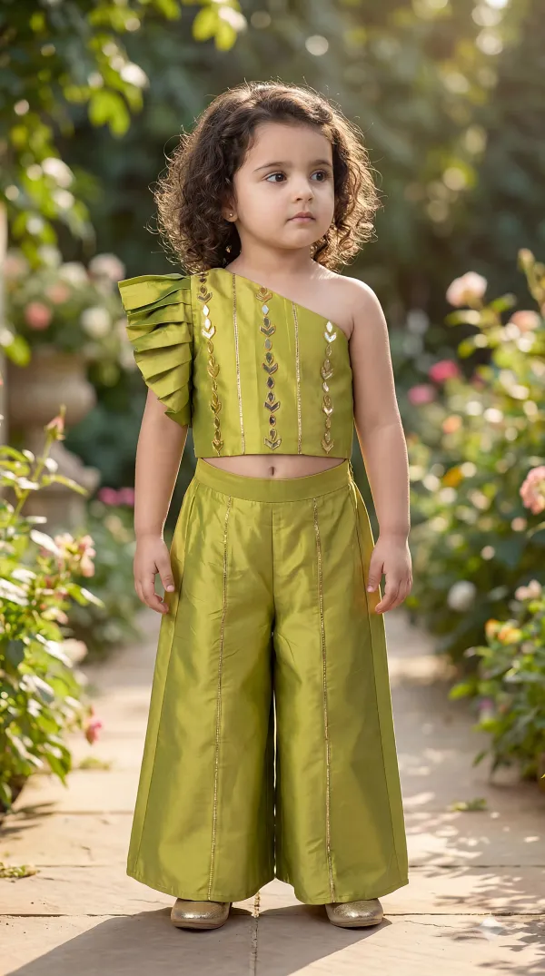 Olive_Green_Premiumpremium_Soft_Silk_&_Cotton_Lining_One-Shoulder_Mirror_Embroidered_Crop_Top_With_Gold_Foil_Detailing_&_Palazzo_Set_For_Kids